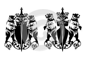Two bears guarding heraldic shield with royal crown and sword among rose flowers black and white vector outline