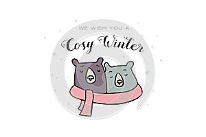 Two bears wrapped with one scarf. winter time vector illustration. cosy christmas