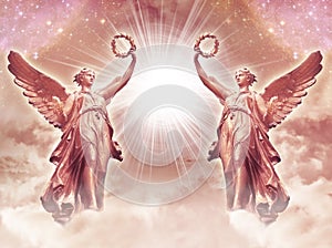 Two beautiful angels archangels standing togtehr in front of divibe rays of Light