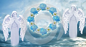 Two beautiful angels with flower chaplet and clouds