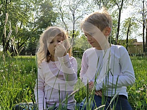 Two beautiful blond-haired children playin the field