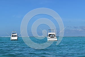 Two beautiful boats with booms deployed to deport fishing lines.