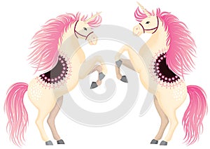 Two beautiful cartoon unicorns standing on their hind legs