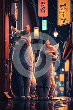 Two beautiful cat sitting on a Tokyo street