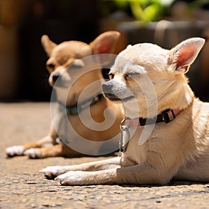 Two beautiful chihuahua dogs lying on the stone payment close up