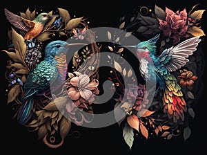 two beautiful colorful digital art fantasy illustrations of hummingbirds and flowers, on black background - AI generated