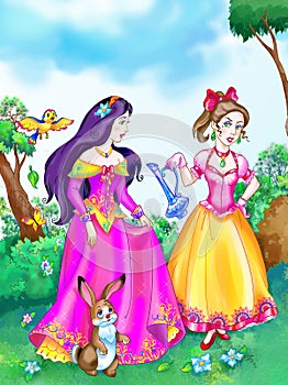 Two beautiful fairy tale princesses sisters