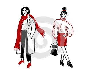 Two beautiful fashion girls standing and posing. Woman with bun in skirt and backpack with chelsea boots in hand. Square