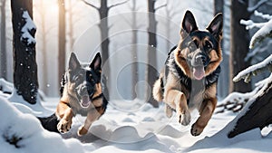 Two beautiful German shepherds run through the snow in a forest.