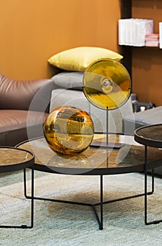 Two beautiful glossy glass golden vases - perfect luxirious interior design elements. Stylish interior art deco photo