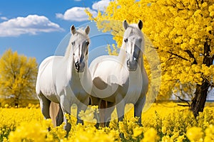 Two beautiful horse run gallop on flowers field with blue sky behind