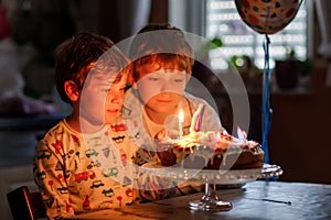 Two beautiful kids, little preschool boys celebrating birthday and blowing candles on homemade baked cake, indoor