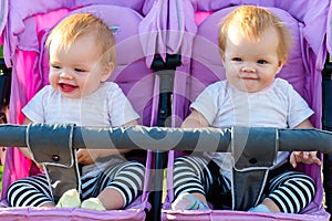 Two beautiful little twin babies, portrait in a baby