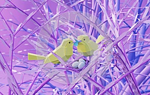 Two beautiful lovers low poly polygonal birds sitting on a branch pink tree with nest