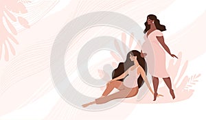 Two beautiful pregnant woman of different races on a pink background with a plant, the concept of motherhood, pregnancy