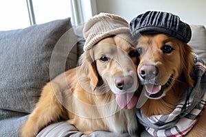 Two beautiful purebred dogs in hats and scarf, together, with copy space