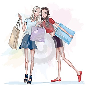 Two beautiful slim girls with shopping bags. Fashion girls. Stylish pretty women. Sketch.