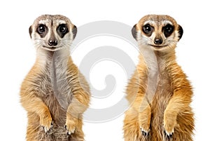 Two beautiful small meerkat stands on its hind legs and looks into the camera isolated on a white background. Cute male