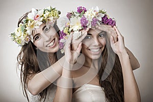 Two beautiful spring fairy , funny, friendship symbol