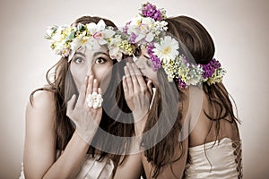 Two beautiful spring fairy , funny, friendship symbol