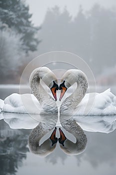 two beautiful swans on a lake shape heart, romantic swans, AI Generative