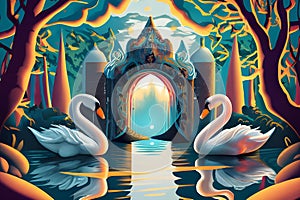 Two beautiful swans with mystical mystic divine gate and lake, angelic light like art, surreal, magic, magical concept for fairy