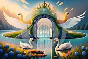 Two beautiful swans with mystical mystic divine gate and lake, angelic light like art, surreal, magic, magical concept for fairy