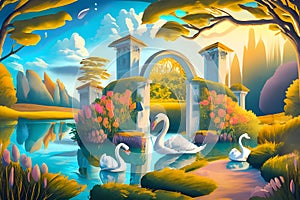 Two beautiful swans with mystical mystic divine gate and lake, angelic light like art, surreal, magic, magical concept for fairy
