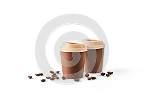 Two beautiful takeaway cups made of chocolate with coffee beans spilled on isolated white background. Abstract design