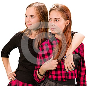 Two beautiful teen girls in red and black clothes