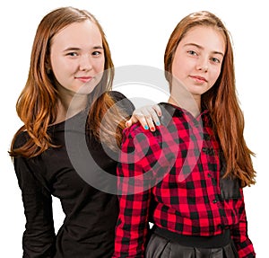 Two beautiful teen girls in red and black clothes