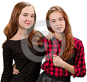 Two beautiful teen girls in red and black clothes