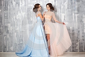 Two beautiful twins young women in luxury dresses, pastel colors