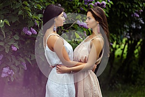 Two beautiful twins young women in summer dresses near blooming lilac