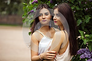 Two beautiful twins young women in summer dresses near blooming lilac