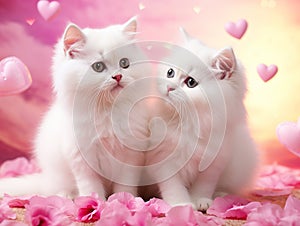 Two beautiful white fluffy cats in love are sitting together and looking at each other on a pink background with hearts