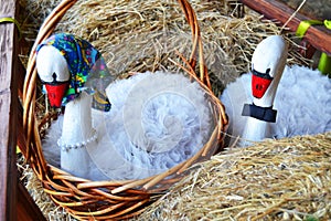 Two beautiful white swans, festively dressed in wedding costumes