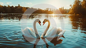 Two beautiful white swans in the lake photo