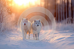 two beautiful white wolfs in the winter forest