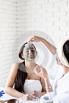 Two beautiful women applying facial mask doing spa procedures