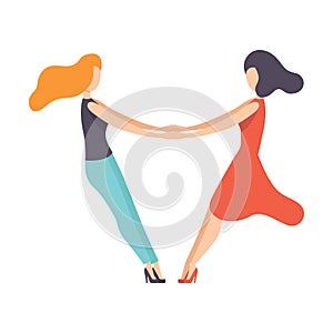 Two Beautiful Women Friends Holding Hands, Happy Meeting, Female Friendship Vector Illustration