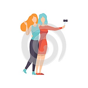 Two Beautiful Women Friends Making Self Photo, Female Friendship Vector Illustration