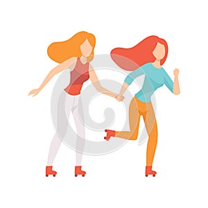 Two Beautiful Women Friends Rollerblading Holding Hands, Female Friendship Vector Illustration