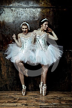 Two beautiful women wearing white tutu skirt