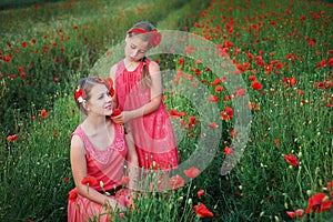 Two beautiful young sisters walking in poppy field