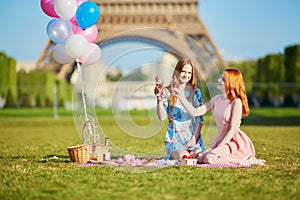 Two young women having picnic near the Eiffel tower in Paris, France
