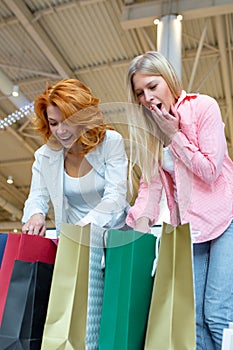 Two beautiful young women in a shopping center checking bags