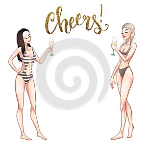 Two beautiful young women in swimsuit holding champagne glasses. Beach party pin-up girls, summer holidays. Vector comic