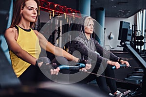 Two beautiful young women working out on rowing machines at the modern gym. Cross training