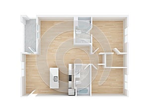 Two bedroom apartment 3D illustration. Floor plan top view isolated on white background.